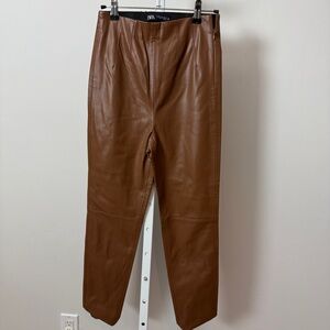 Zara Brown Faux Leather High Rise Pull Up Side Zipper Leggings XS new with tag